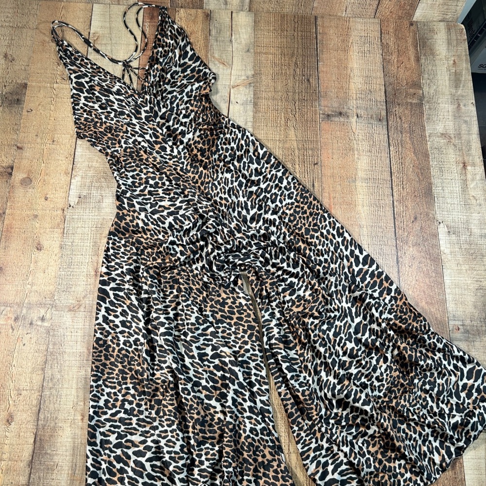 Vintage 1976 Vanity Fair Leopard Palazzo Jumpsuit Hostess Loungewear XS S 34